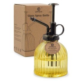 OFFIDIX Glass Watering Spray Bottle, 6.3" Tall Vintage Style Decorative Plant Atomizer Watering Can Pot with Bronze Plastic Top Pump for Indoor Potted Plants(Yellow)