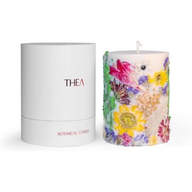 Thea Flora Botanical Candle – Fresh Linen Scent, Hand Poured 100% Soy Wax with Essential Oils & Natural Dried Flowers, Aromatherapy Home Decor