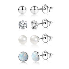ALEXCRAFT Gold Silver Earrings Small Stud Earrings Set Women's Small Stud Earrings Set Hypoallergenic Sterling Silver Earrings Small Ball Beads Opal Zirconia Small Earring Set for Multiple Piercings,