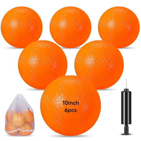 Hanaive 6 Pcs Playground Ball 10 Inch Kickballs Dodgeball Rubber Inflatable Dodgeball with Pump and Storage Bag, Bouncy Dodgeball Balls for Kids Adults Sports Outdoor Games and Activities (Orange)
