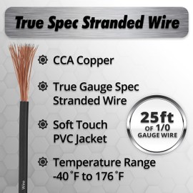 InstallGear 1/0 Gauge Wire (25ft) - Copper Clad Aluminum CAA Automotive Wire, Car Amplifier Power & Ground, Battery, Car Audio Speaker, RV Trailer Welding Cable