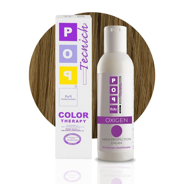 Pop Italy Color Therapy Professional Permanent Hair Colour, Coverage 100% White Hair, Dermatologically Tested, 100 ml, Colour (8/0 Light Blonde + Oxygen 40 Vol. 150 ml)
