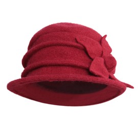 LAEMILIA Women Winter Soft Fleece Cloche Bucket Hats UV Sun Protection Hat with Piping & Bow Detail (Red)