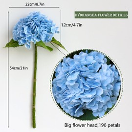 Buart 3PCS Long Stem Big Size Flowers Artificial Silk Hydrangea Lifelike Flowers Real Touch Blue Artificial Flowers Wedding Shower Bride Bouquets Office Living Room Table Decorations (21 Inch)