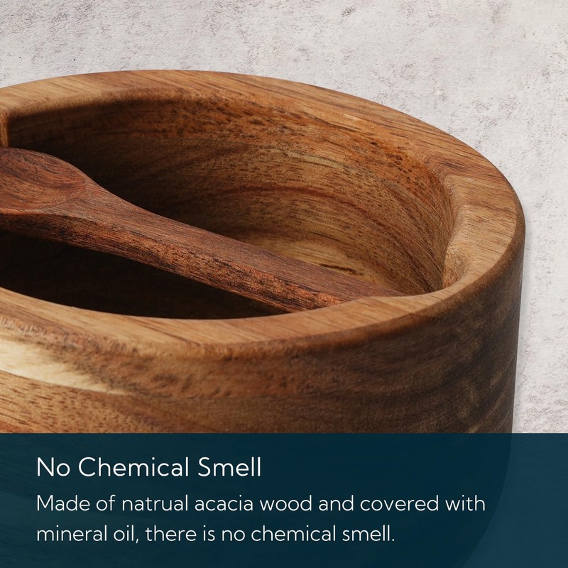 KITCHENDAO Large Acacia Salt Cellar Box Bowl with Built-in Spoon
