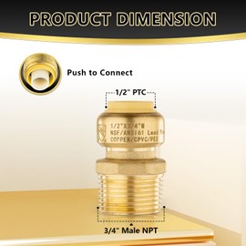 5 PCS Foskan 1/2" Push-to-connect x 3/4"Male Thread Brass Coupling,Push Fit Fittings to Connect PEX, Copper, CPVC, PE-RT Pipes, with Disconnect Clip for Plumbing Repairs(PTC x MNPT)