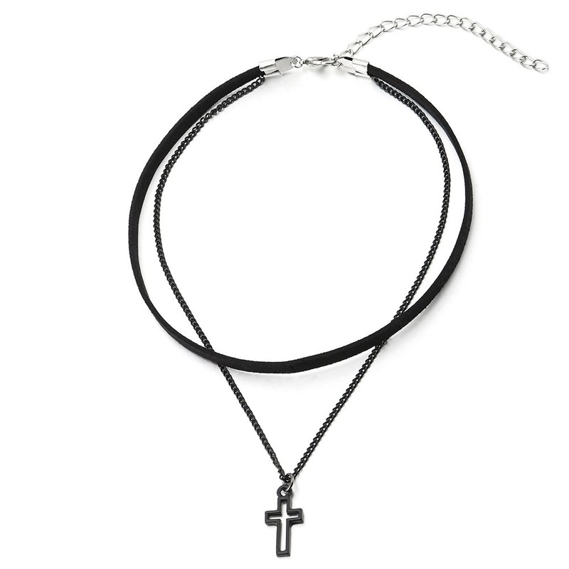 COOLSTEELANDBEYOND Ladies Womens Two-Rows Black Choker Necklace with Black Chain