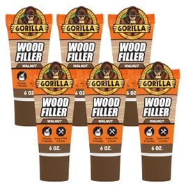 Gorilla All Purpose Wood Filler, Walnut Color, 6 Ounce Tube (Pack of 6) - Water Resistant for Indoor or Outdoor Projects and Repairs