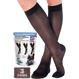 ABSOLUTE SUPPORT Made in USA - Sheer Compression Socks for Women 20-30mmHg | For Swelling, Lymphedema, DVT, Post Surgery Recovery,3 Pairs - Black, Large, A205