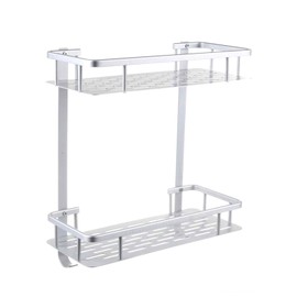 2 Tier Wall Mount Bathroom Shelf Organizer with Hooks, Heavy Duty Shower Shelf Basket Caddy Storage for Bathroom Bedroom Kitchen and Installation with Adhesive