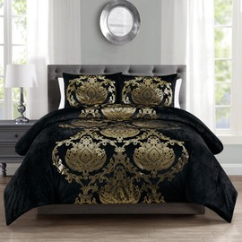 Sunshine Nicole Metallic Print Comforter Set, Distressed Velvet Face with Metallic Foil Print and Brushed Solid Microfiber Reverse, with Light Weight Soft Poly Fill, 3 Pieces Black Gold, Queen