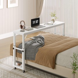 MAHANCRIS Overbed Table with Wheels, Queen Size Mobile Bed Desk with Adjustable Height, Rolling Table, Dining Table, Computer Desk, for Bedroom, Living Room, Office, White MTWT18001