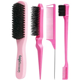 Boar Bristle Slick Back Hair Brush for Smooth Flyaways, Frizz, Sleek Ponytail, Buns and Edge Baby Hair, Teasing | Hair Comb, Edge Brush, Teasing Brush Styling Accessories for Kids, Women & Men (Pink)