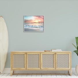 Stupell Industries Morning Sunrise Beach Landscape Distant Mountains Rolling Tide, Designed by Mike Calascibetta Gray Framed Wall Art, 30x24, Orange