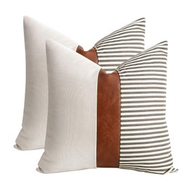 cygnus 22x22inches Pillow Covers Set of 2 Farmhouse Decor Stripe Patchwork Linen Throw Pillow Covers Modern Faux Leather Covers for Couch Sofa, Gray