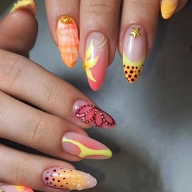 MISUD Press on Nails Medium Almond Fake Nails Glossy Glue on Nails Summer Beach Acrylic Nail Supplies Stiletto Artificial Nail Art Orange Ombre Stick on False Nails with Design DIY 24 pcs