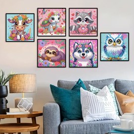 LKHMVCA 6 Pack Cartoon Diamond Painting Kits for Kids Beginners, Cute Animal DIY Diamond Art Kits for Kids, 5D Full Round Drill Big Gem Arts and Crafts, Home Wall Decoration 6x6 inch