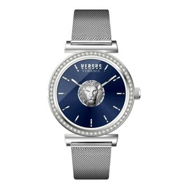 Versus Versace Brick Lane Collection Luxury Womens Watch Timepiece with a Silver Bracelet featuring a Silver Case and Blue Dial