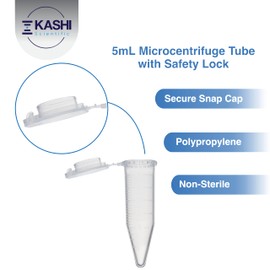 Kashi Scientific 5mL Centrifuge Tube w/Safe Lock Snap Cap [300/Pack] 5 mL microcentrifuge Tubes with Safety Lock, Flip Cap, Clear Tubes with Graduation, Polypropylene, Plastic Lab Snap Tubes