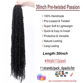 Passion Twist Hair 30 inch PreTwisted Long Passion Twist Crochet Hair Pre Looped Bohemian Curly End Crochet Hair for Black Women Water Wave Crochet Braids Extensions (1b/30inch/ 6packs)
