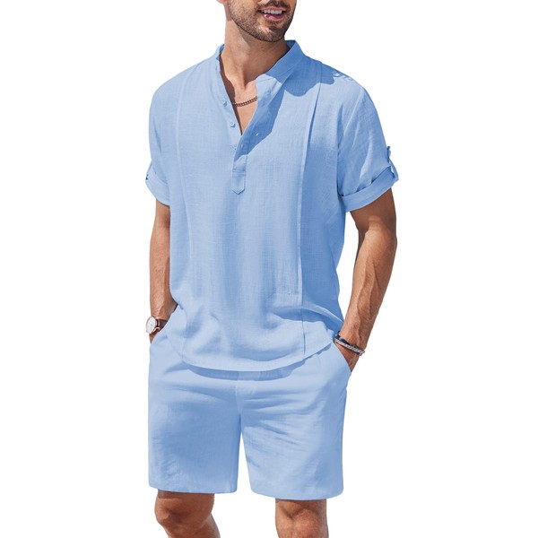 COOFANDY Conjunto de lino de 2 piezas para hombre, camisa Henley de manga corta y pantalones cortos para verano, playa, yoga, trajes a juego, Azul, Large