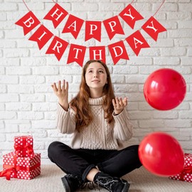 Waenerec Red Happy Birthday Banner Sign Happy Birthday Bunting Banner Garland for Kids Girl Woman Birthday Tea Party Decorations Bunting Flag Birthday Party Supplies