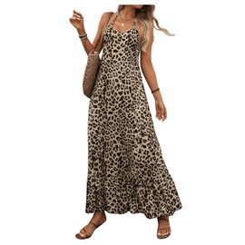 Floerns Women's Cheetah Print Sleeveless Halter Dress Ruffle Hem Y2k Maxi Dress Brown Large