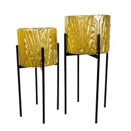 MAGIC STYLE HOME Golden Plant Pots Modern Set of 2 Pots Holders Metal Plant Stand Indoor and Outdoor Floor Planter Pot for Flowers Pot with Stand Plant Stand Indoor Tall