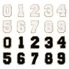 PATIKIL Chenille Number Patches, 20 Pcs Iron on Number Patch Number Embroidered Patch Glitter Applique for Hat Jacket Clothing Bags DIY Decoration Backpack, Number 0-9 Black White