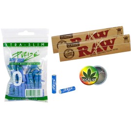 PURIZE 6 mm Xtra Slim Activated Carbon Filter Pack of 50 Blue + 2 x RAW KS Slim Papers Unbleached + Rasta Button