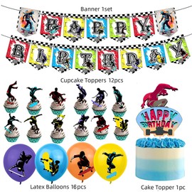Skateboard Geburtstag Deko, Skateboard Ballon,Happy Birthday Skateboard, bannière de cupcake, Cupcake Topper Party Supplies Décoration de fête à thème Sport Party