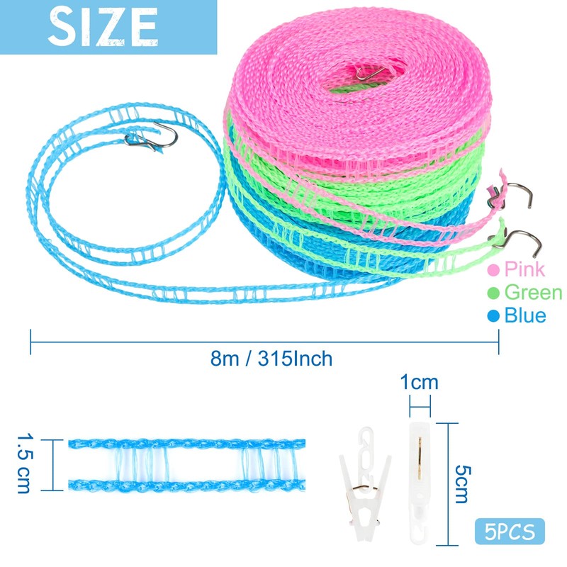 Jogoico Travel Clotheslines 3Pcs 8m Washing Line Portable Clothes Line