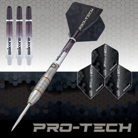Unicorn Steel Tip Darts Set | Pro-Tech Style 5 | 90% Natural Tungsten Barrels with Golden Accents & Volute Points | 23 g