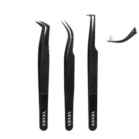 VEYES INC Lash Tweezers for Eyelash Extensions,Fiber Tip Tweezers Kit for Individual Classic and Volume Lash,3PCS Stainless Steel Lash Tweezers-Black