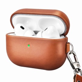 Leather Case for AirPods Pro 2 2022, ICARERFAMILY Premium Genuine Leather Shockproof Protective Cover for AirPods Pro 2 Earphones Charging Case with Hole (LED Visible) Support Wireless Charger-Brown