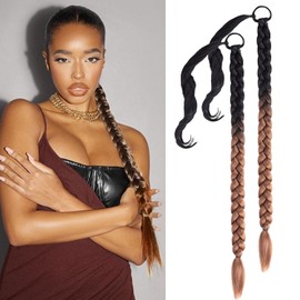 2 Packs Black and Brown Orange Long Braided Ponytail Extension For Black Women Soft Synthetic Hair Piece For Women with Hair Tie Straight Wrap Around Ponytail Braided Hair Extensions pre Stretched