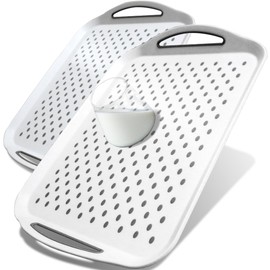 Large Nonslip Serving Tray with Handles, Silicone Grippy Dots Lap Food Trays for Eating, Dishwasher Safe Serve for Breakfast Dinner Snack Fruit Appetizers Beverage, Rectangular, Set of 2, White