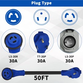 Gloppers 30 Amp Generator Cord and Power Inlet Box, 50FT Generator Extension Cord 30 Amp,125V Generator Power Cord NEMA TT-30P to NEMA L5-30R 135 Degree Twist Lock Connector ETL Listed