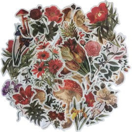 Vintage Washi Sticker Set Floral Mushroom Tulip Plant Decorative Stickers for Art Craft Srapbooking Album Planner Journals Letter Envelope Diary Book Water Bottle Cup