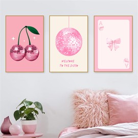 champracer Pink Poster Set, Pink Picture Aesthetic Decoration, Aesthetic Pink Bow Tie, Cherry Wall Pictures, Premium Canvas Picture Set for Dormitory Teen Girls Room Decoration, Without Frame (30 x 40