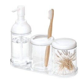iDesign Liquid Bathroom, Plastic 4-Piece Set, Sink Caddy with Soap Dispenser, Toothbrush Holder, Pot with Lid and Organiser Tray, White/Clear, 22.4 cm x 8.1 cm x 19.8 cm