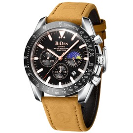 LN LENQIN Mens Watches Chronograph Leather Watch Analog Quartz Watches for Men 30M Waterproof Men's Wrist Watches Luminous Luxury Fashion Business Watch with Date Moon Phase (Brown Black)