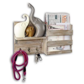 Spiretro Wall Mount Entryway Mail Envelope Organizer, Key Holder Hooks, Leash Hanging, Coat Rack, Letter & Newspaper Storage, Ornament Home Decorative Floating Shelf, Country Rustic Torched Wood-Grey