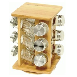 Revolving Spice Rack Holder Seasoning Tower Organizer Bamboo Rotating Carousel Wooden Spinning Cabinet Countertop Glass Jars Stainless Steel Caps