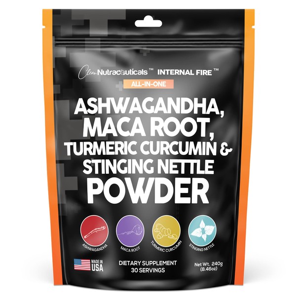 Clean Nutraceuticals 4in1 Ashwagandha Maca Root Powder Supplement with Turmeric Stinging Nettle Leaf for Health Smoothies & Cooking - Quality Maca Powder - Alt to Pills Capsules Tablets