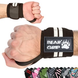 BEAR GRIP - Weight lifting wrist support wraps (Sold in pairs) (BEAR-GRIP-BLACK-WHITE-WRAPS)