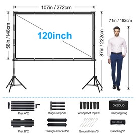 120 Inch Projector Screen with Stand, Indoor Outdoor Projection Movie Screen 16:9 4K HD Foldable Wrinkle-Free Front & Rear Projection Screen for Backyard Movie Night,Camping, Wedding
