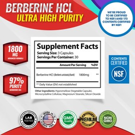 Toplux Berberine Supplement 1800mg - Berberine HCL 97% Tested Ultra High Purity Premium Berberine Extract to Support Overall Health, High Potency Berberine Plus Non-GMO Vegan Men Women, 90 Capsules
