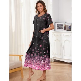 Bloggerlove Ladies Plus Size House Dresses Floral Zip Front Robe Full Length Loungewear Caftans with Pockets(Pink Floral/Black XX-Large)