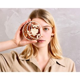 Generic Handmade Baltic Amber Mandala Art Decoration, Stained Glass Souvenir, Gemstone Vitrage of Life (Owl at Night)